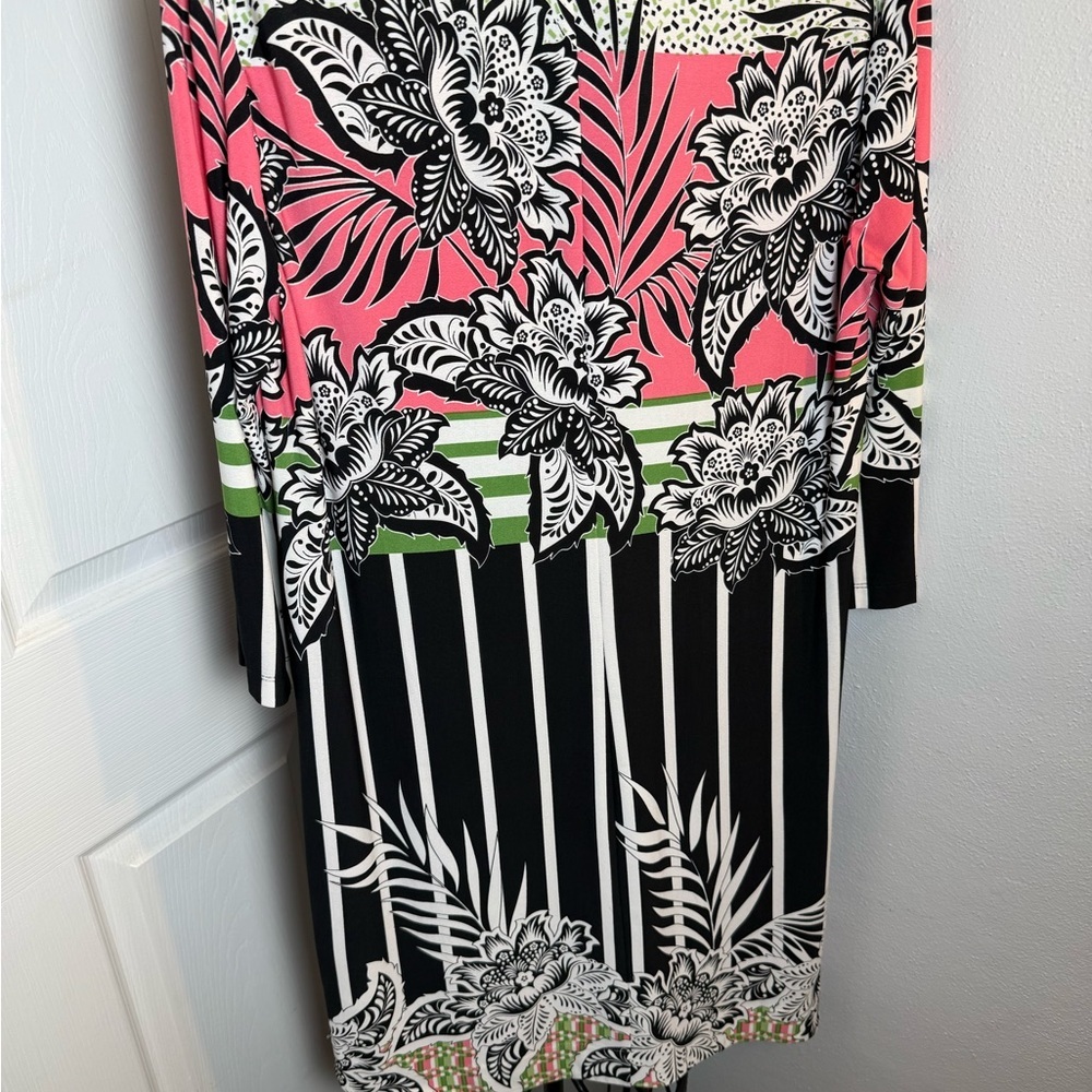 Donna Morgan Floral Print Midi Dress - Pink, Green, Black - Picture 6 of 9